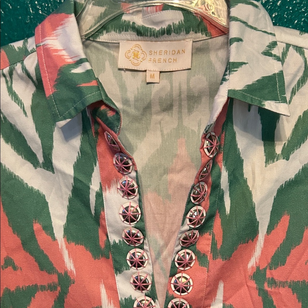 Women's Coral and Green Button Down Shirt - Picture 3 of 6